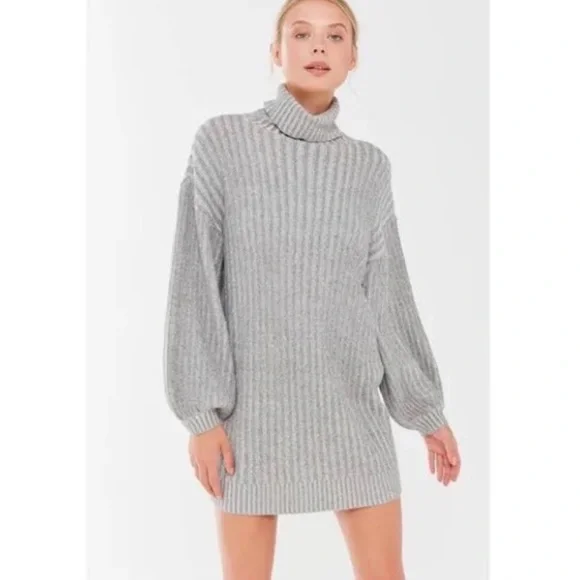 Urban Outfitters | Dresses | Urban Outfitters Gray Turtleneck Ribbed Puff  Sleeve Jill Sweater Mini Dress | Poshmark